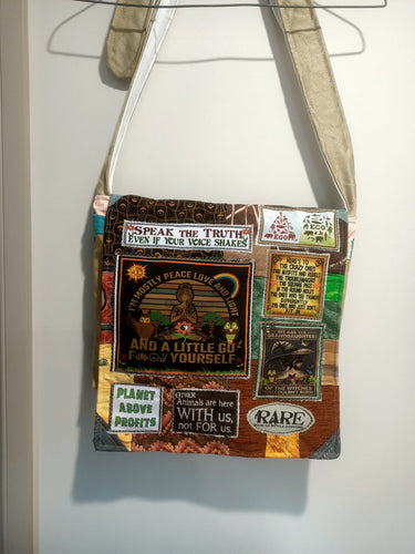 Mostly Peace bag. Handmade from recycled materials.