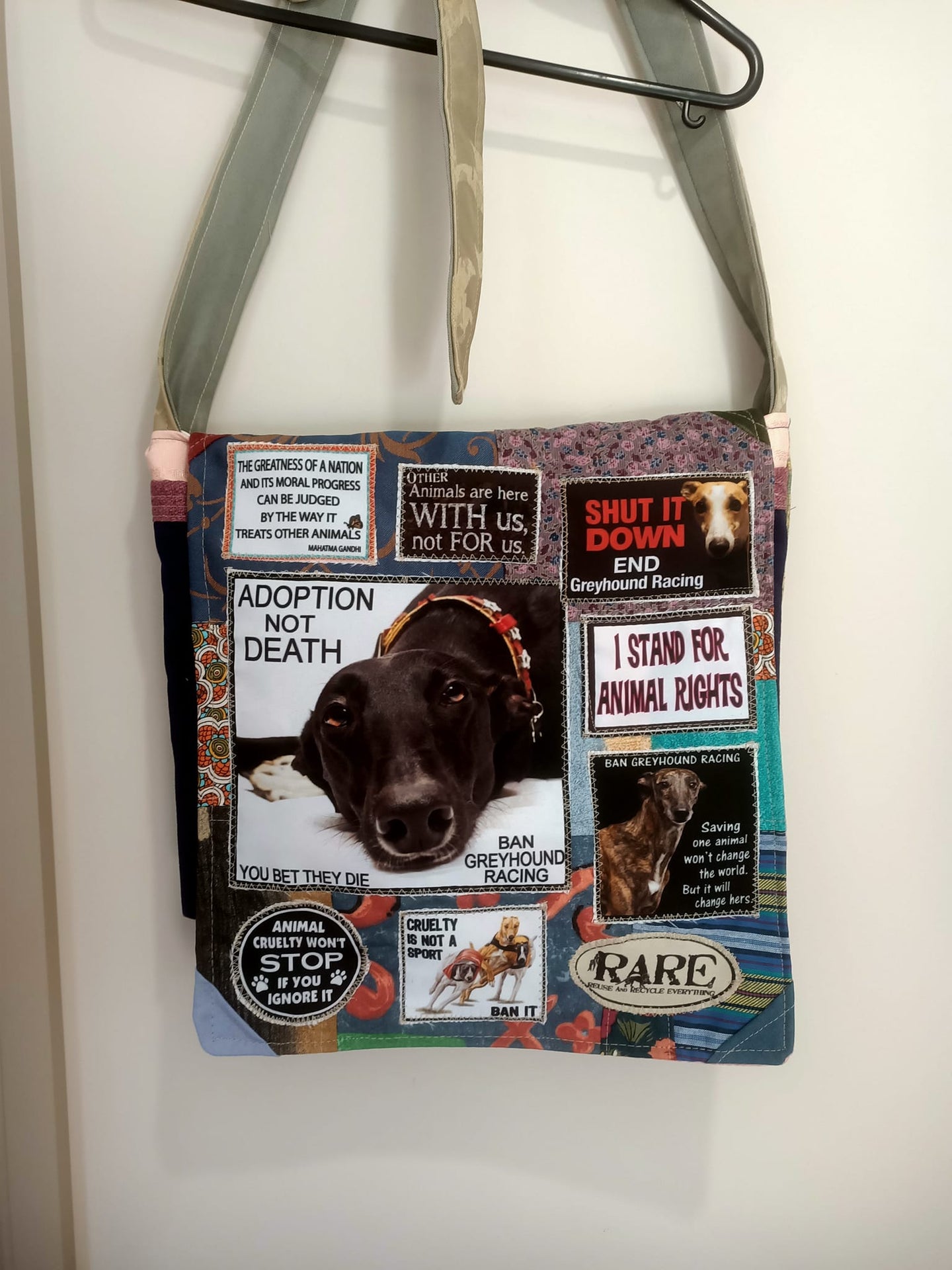 Save the Greyhound Bag. Handmade from recycled materials.