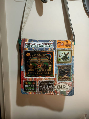 Mostly Peace bag. Handmade from recycled materials.