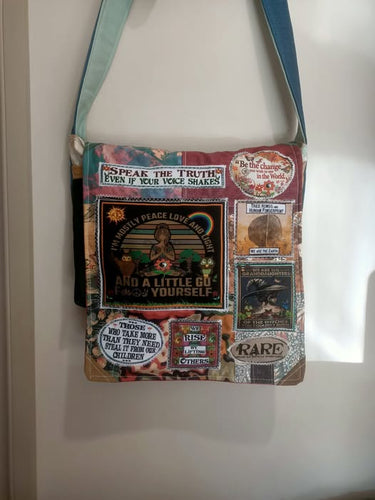 Mostly Peace bag. Handmade from recycled materials.