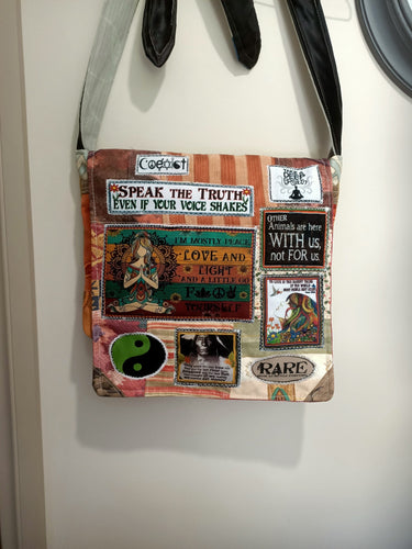 Mostly Peace bag. Handmade from recycled materials.