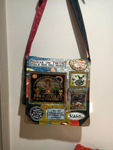 Load image into Gallery viewer, Mostly Peace bag handmade from recycled materials by me.