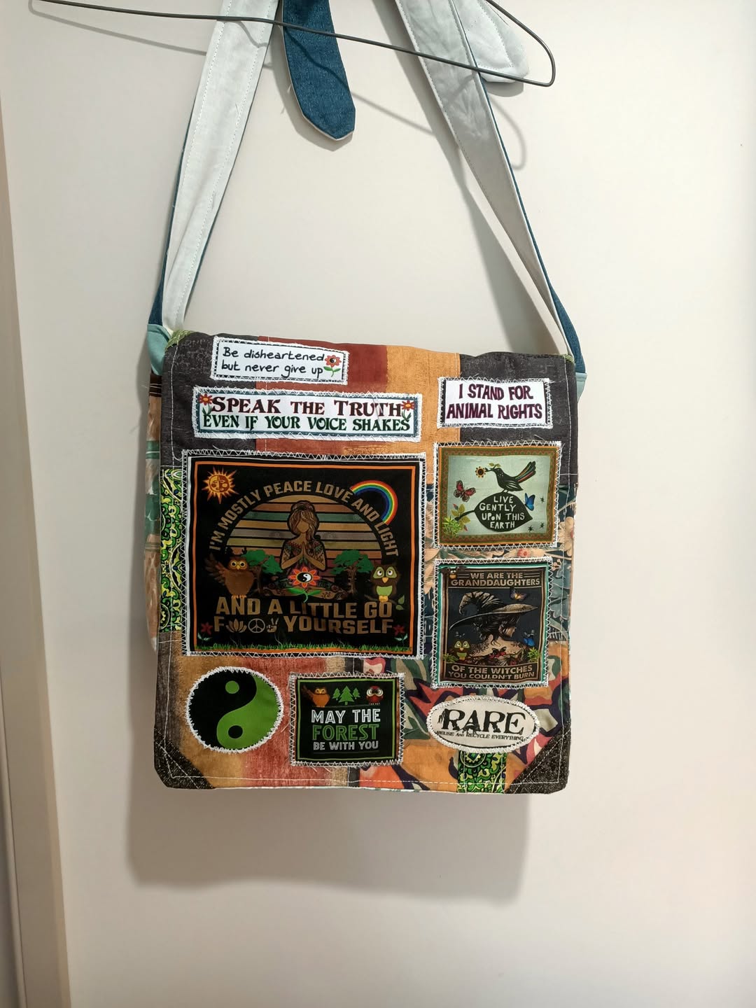 Mostly Peace bag. Handmade from recycled materials.