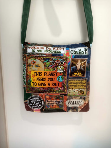 Planet Needs You Bag. Handmade from recycled materials.